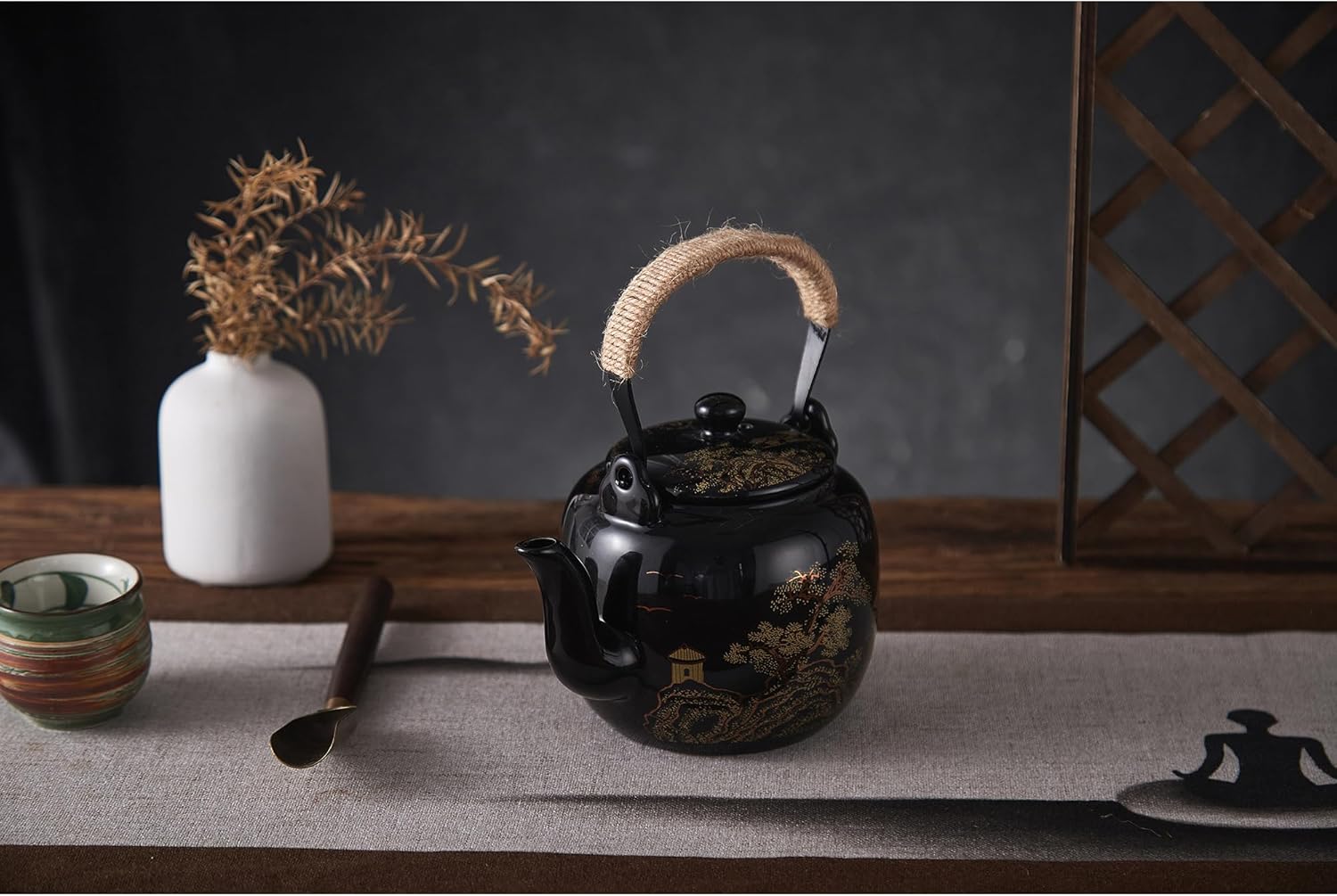 DUJUST Traditional Japanese Tea Pot, Black Porcelain Chinese Teapot with Stainless Infuser, Beautiful Asian Teapot for Adults, Tea Lover/Women/Men (Countryside in Golden)
